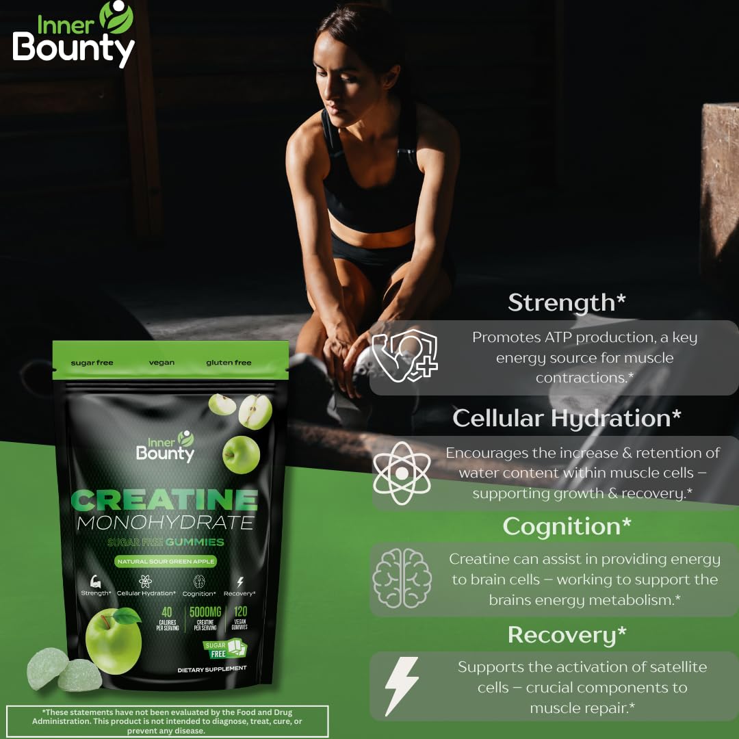 Inner Bounty gummies beside gym bag suggesting on-the-go use and workout readiness