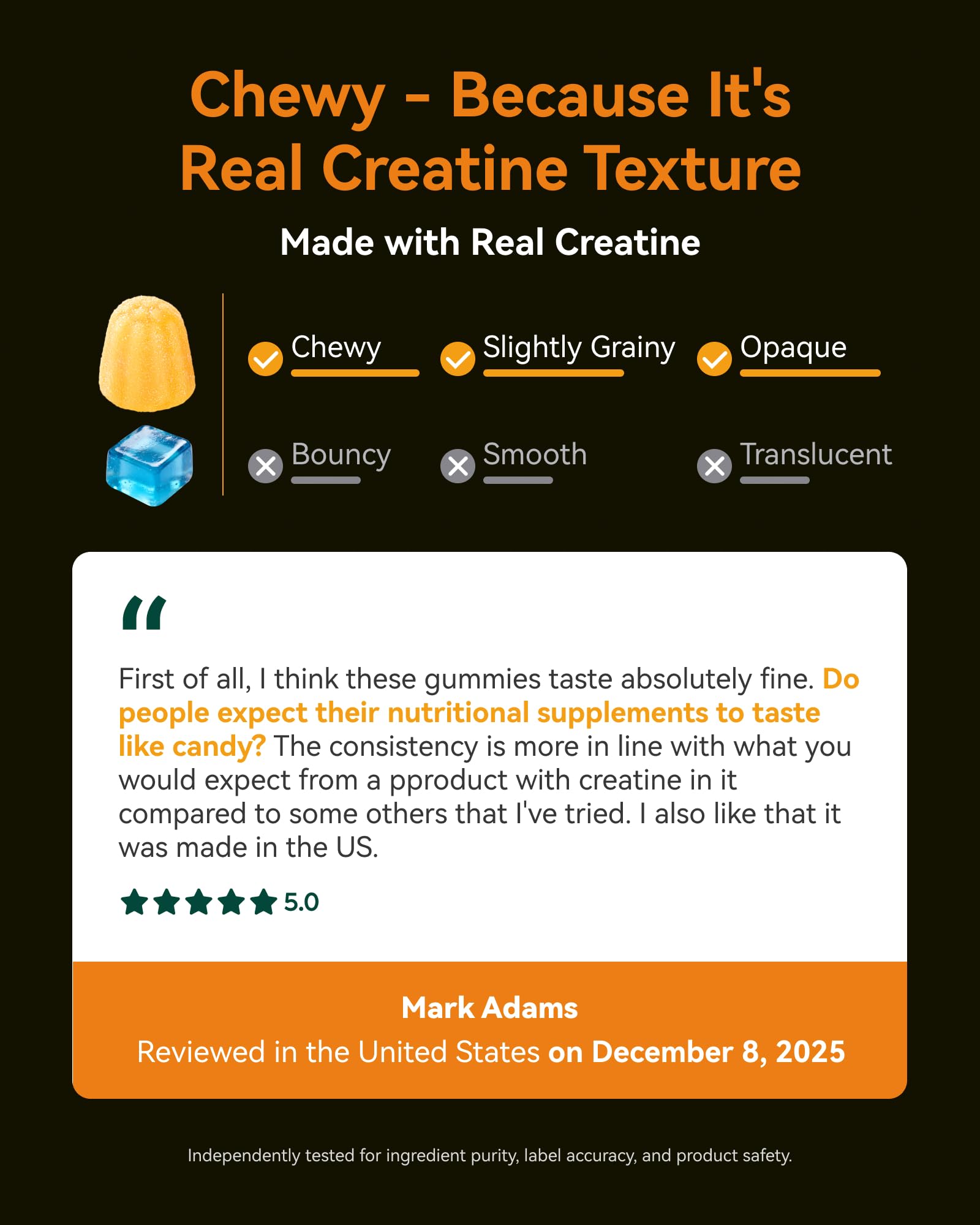 Inner Brightness creatine gummies closer look shows five-gram serving and mango passionfruit flavor