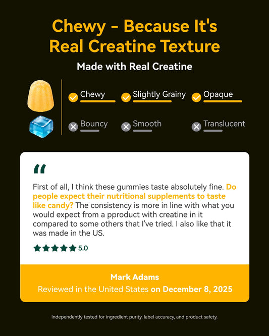 Inner Brightness gummies texture close-up shows chewy real-creatine feel