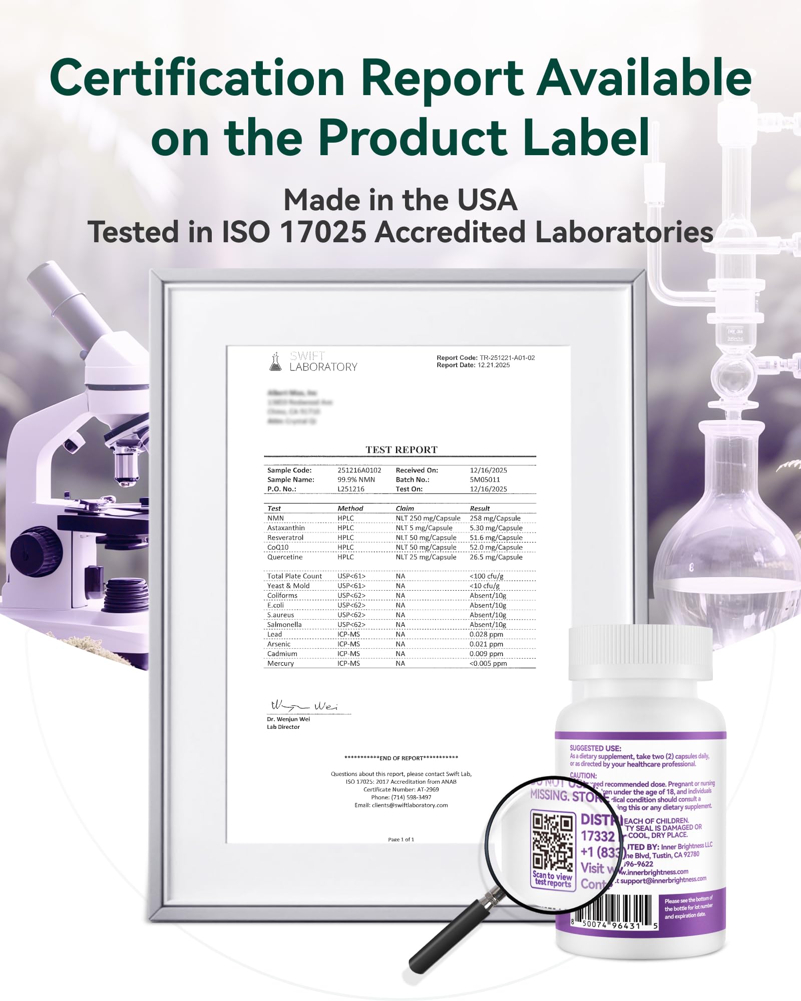 Third-party testing certificate shown with Inner Brightness NMN 500mg packaging