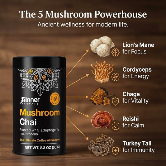 Inner Elevate Lions Mane mushrooms in tea brew, supporting mental clarity and calm.