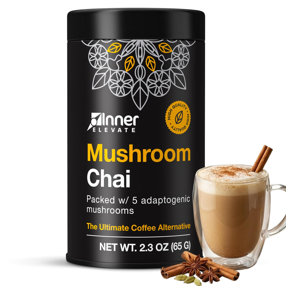 Inner Elevate Mushroom Chai cup steaming, ready for a focused energy boost.
