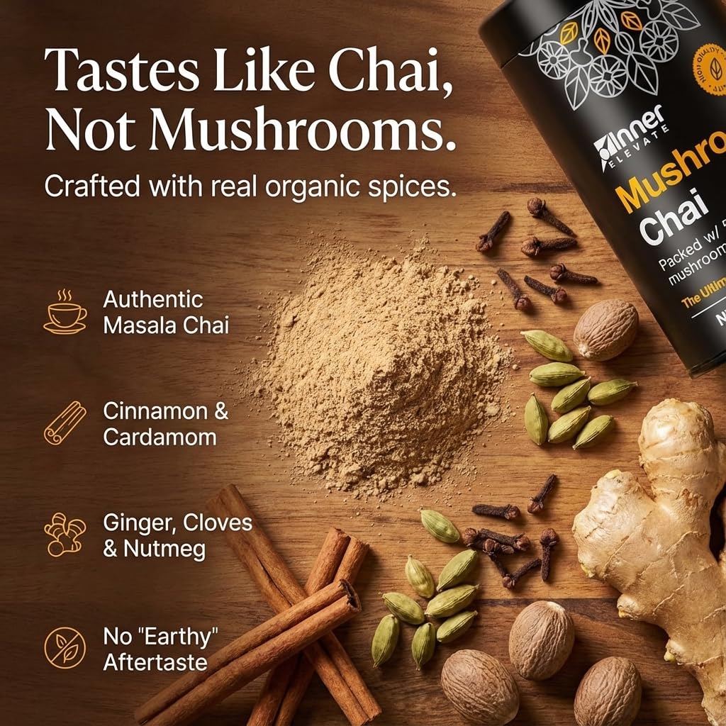 Inner Elevate Turkey Tail blend, a comforting chai moment with herbal depth.