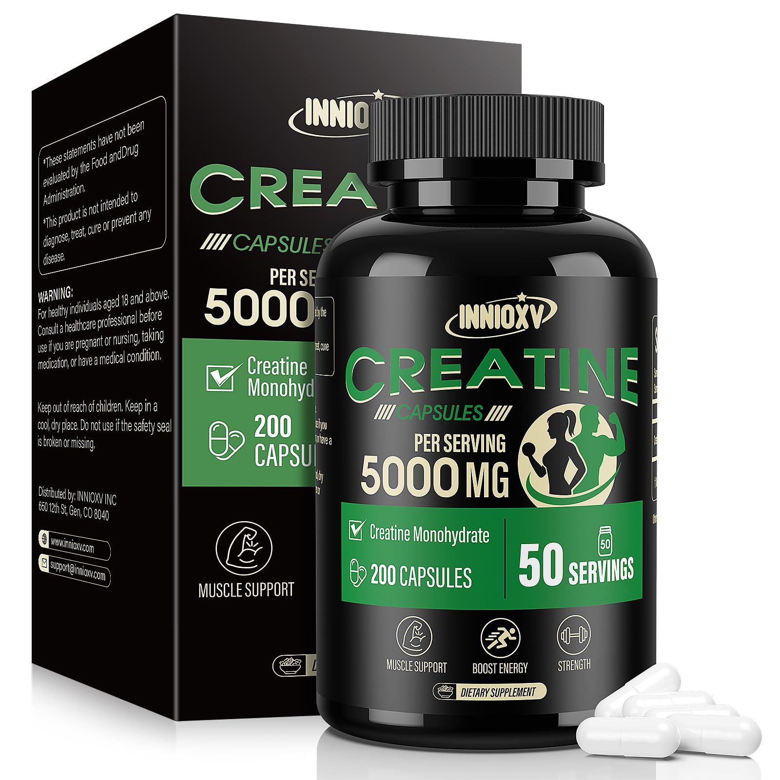 INNIOXV creatine monohydrate bottle for high‑intensity training support.