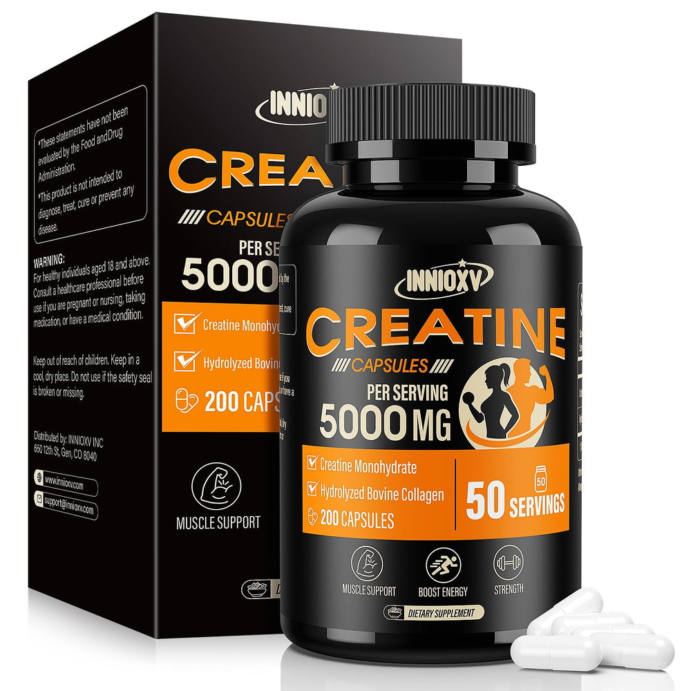 INNIOXV creatine monohydrate capsules bottle on shelf for performance support.