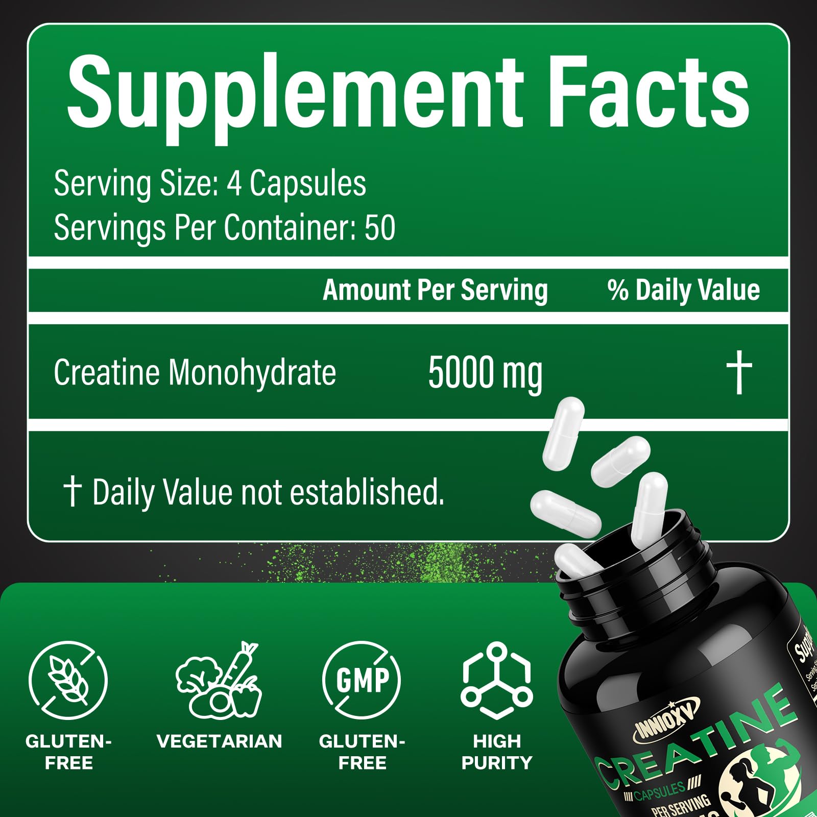 INNIOXV creatine monohydrate capsules close‑up for easy, mess‑free dosing.