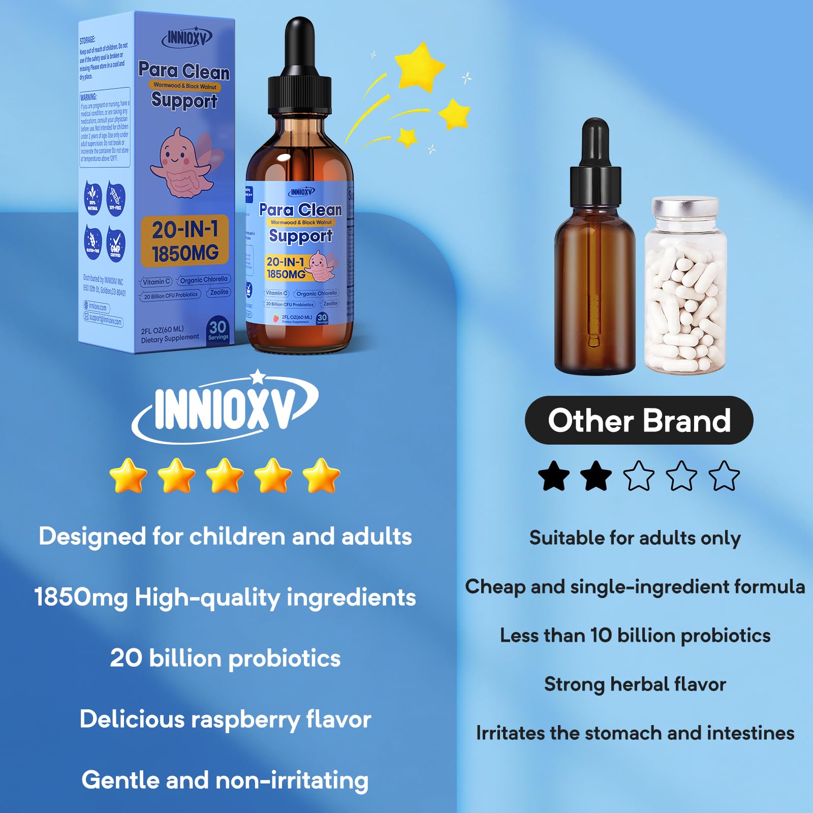 INNIOXV Parasite Cleanse bottle side view highlights alcohol-free formula.