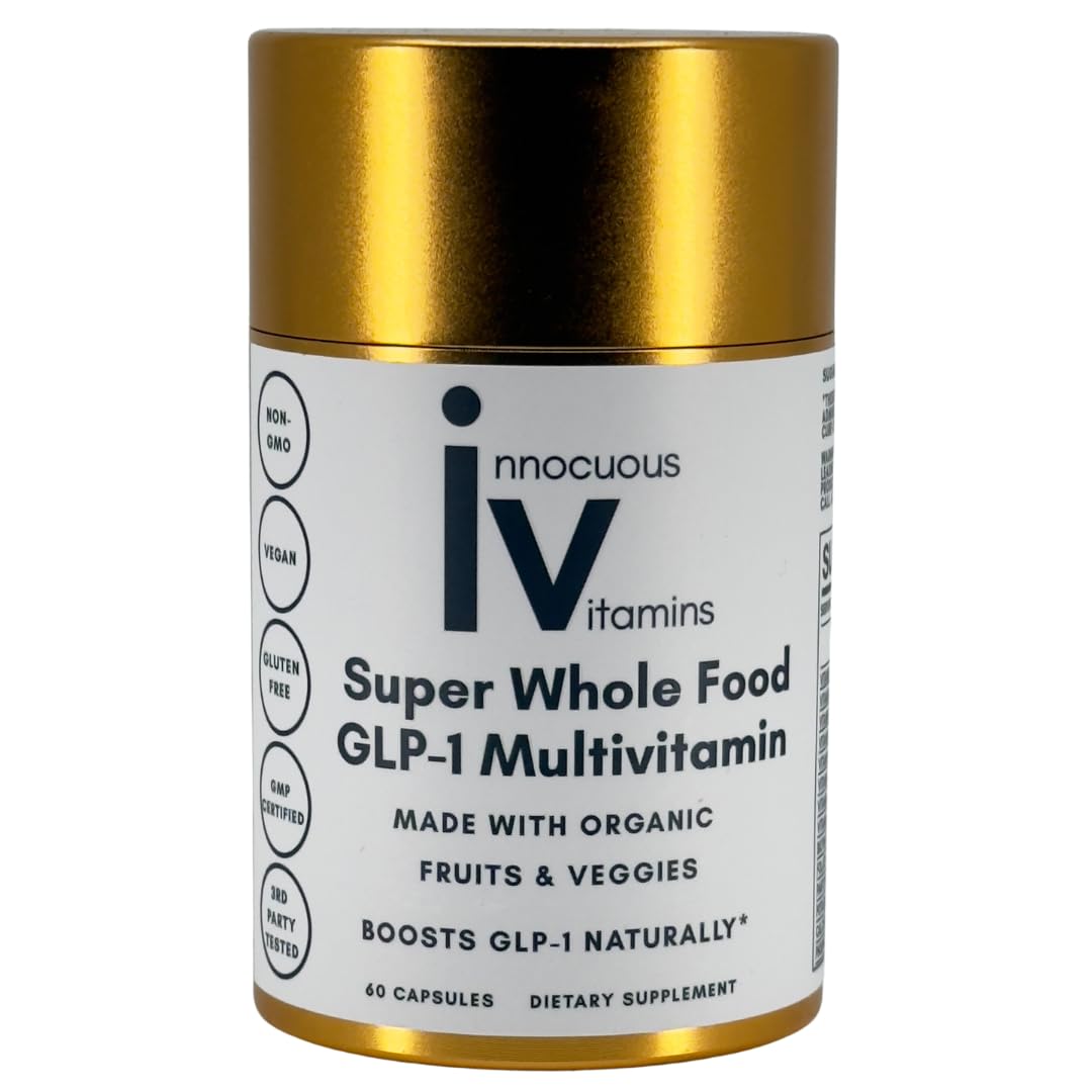 Innocuous Vitamins GLP-1 multivitamin bottle front shows natural whole-food blend for daily wellness.
