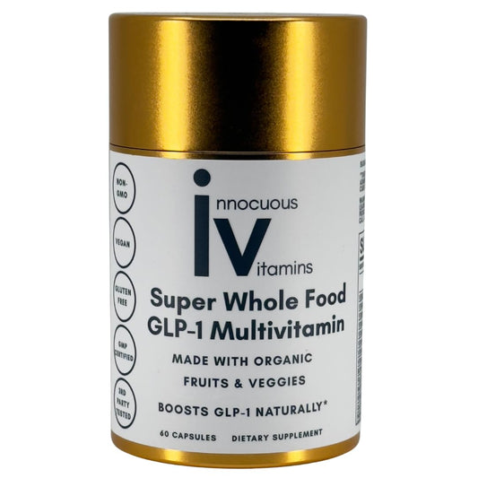 Innocuous Vitamins GLP-1 multivitamin bottle front shows natural whole-food blend for daily wellness.