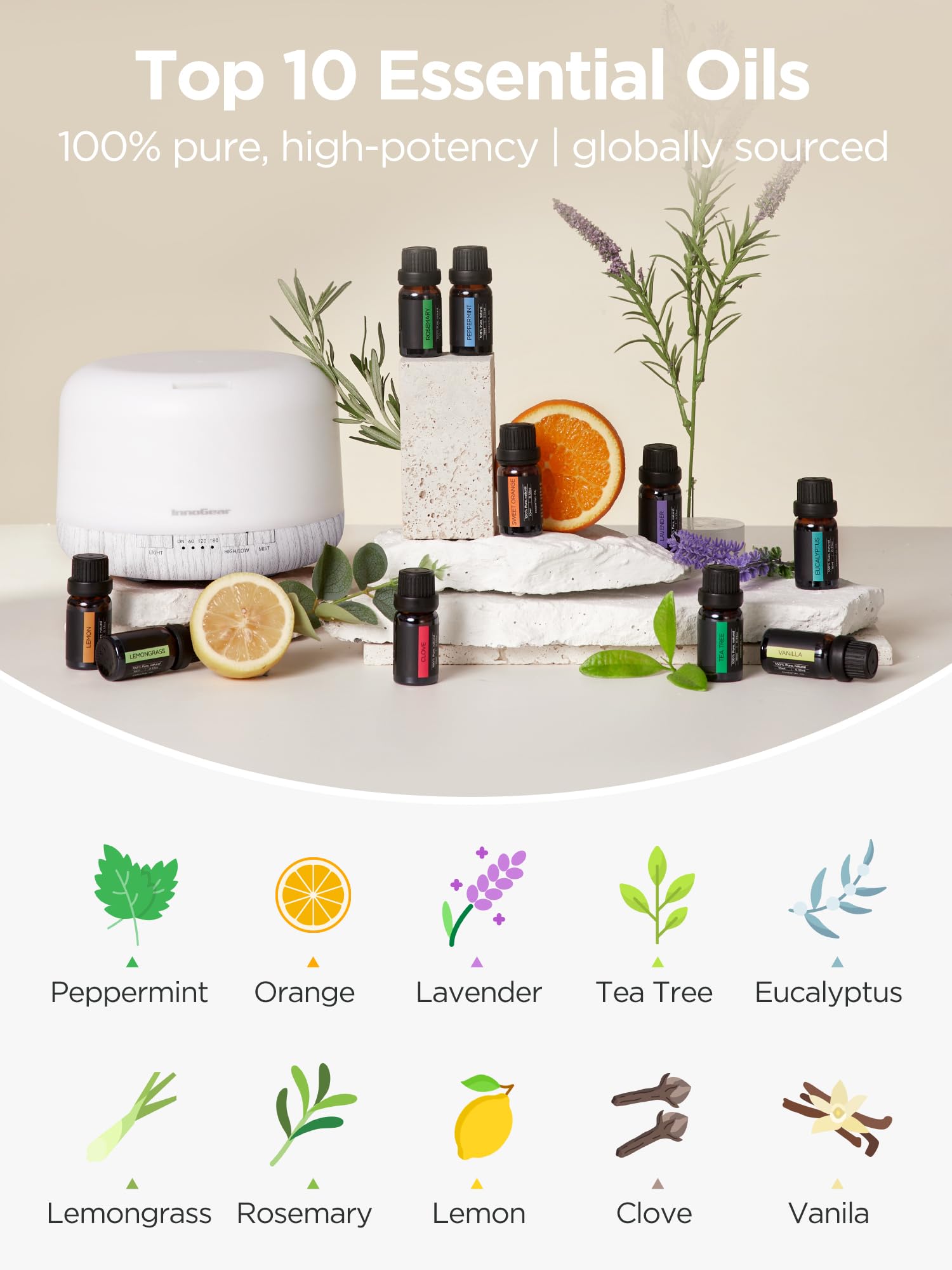 InnoGear diffuser offers continuous and intermittent mist modes for ambience.
