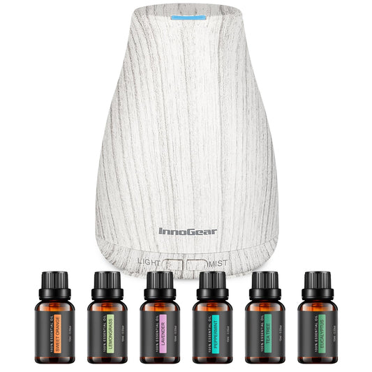 InnoGear diffuser with wood-grain base for calming ambient aroma.
