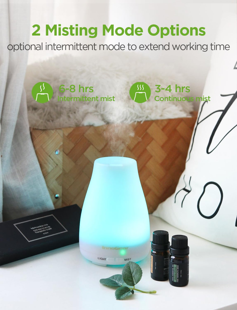 InnoGear diffuser with wood-grain PP housing blends naturally with decor