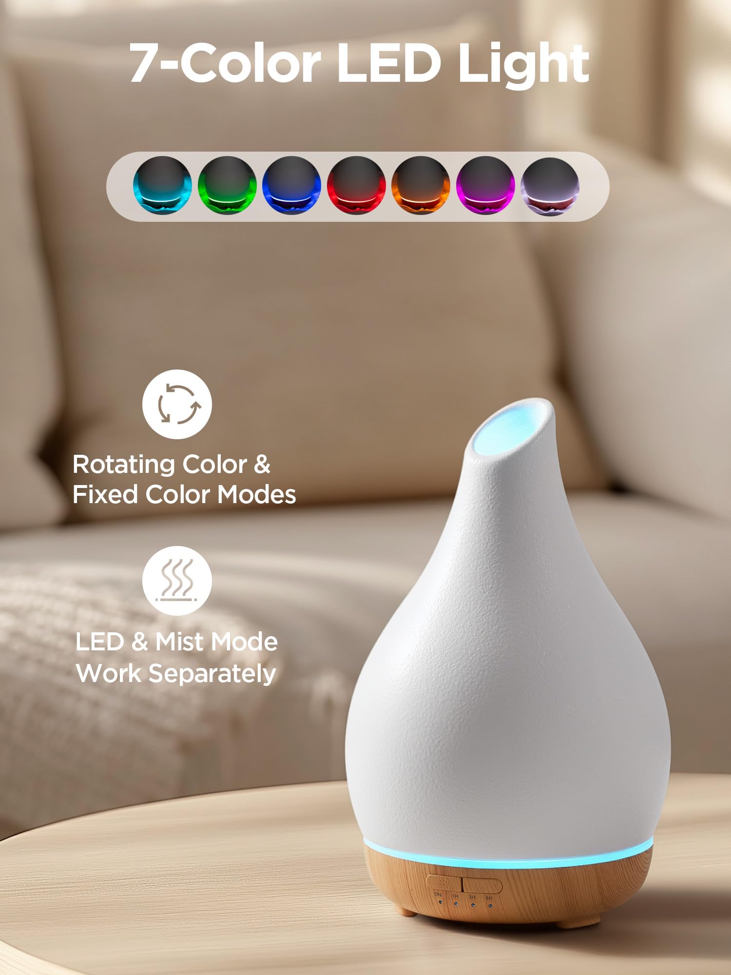InnoGear diffuser LED light provides adjustable ambiance for night-time use.