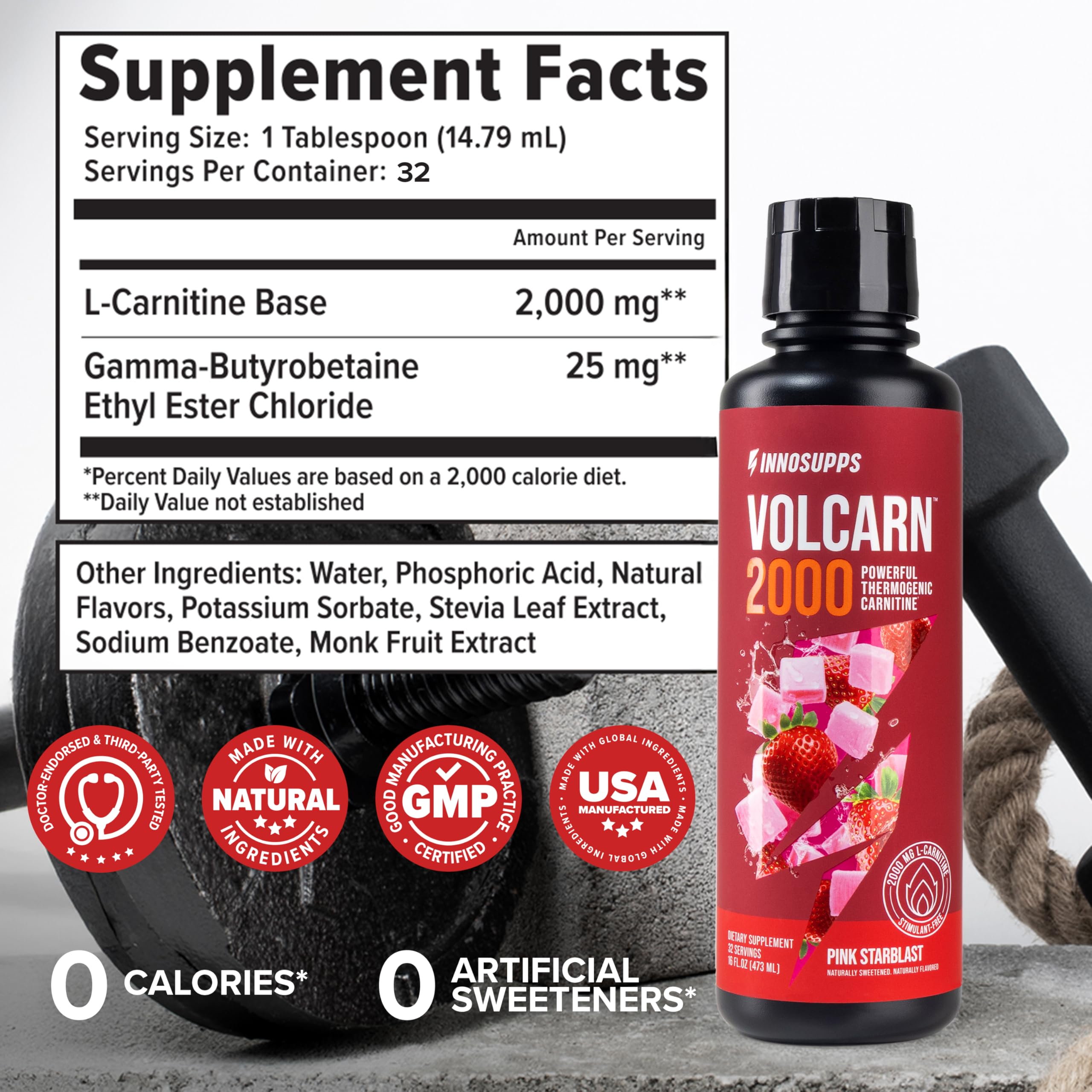 InnoSupps Volcarn 2000 label closeup with L-Carnitine and GBEEC ingredients