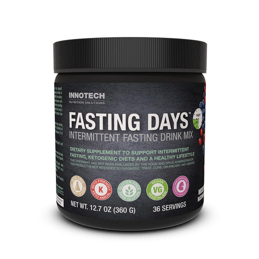 Innotech Nutrition Fasting Days mixed berry powder in a 360g tub for convenient fasting drinks