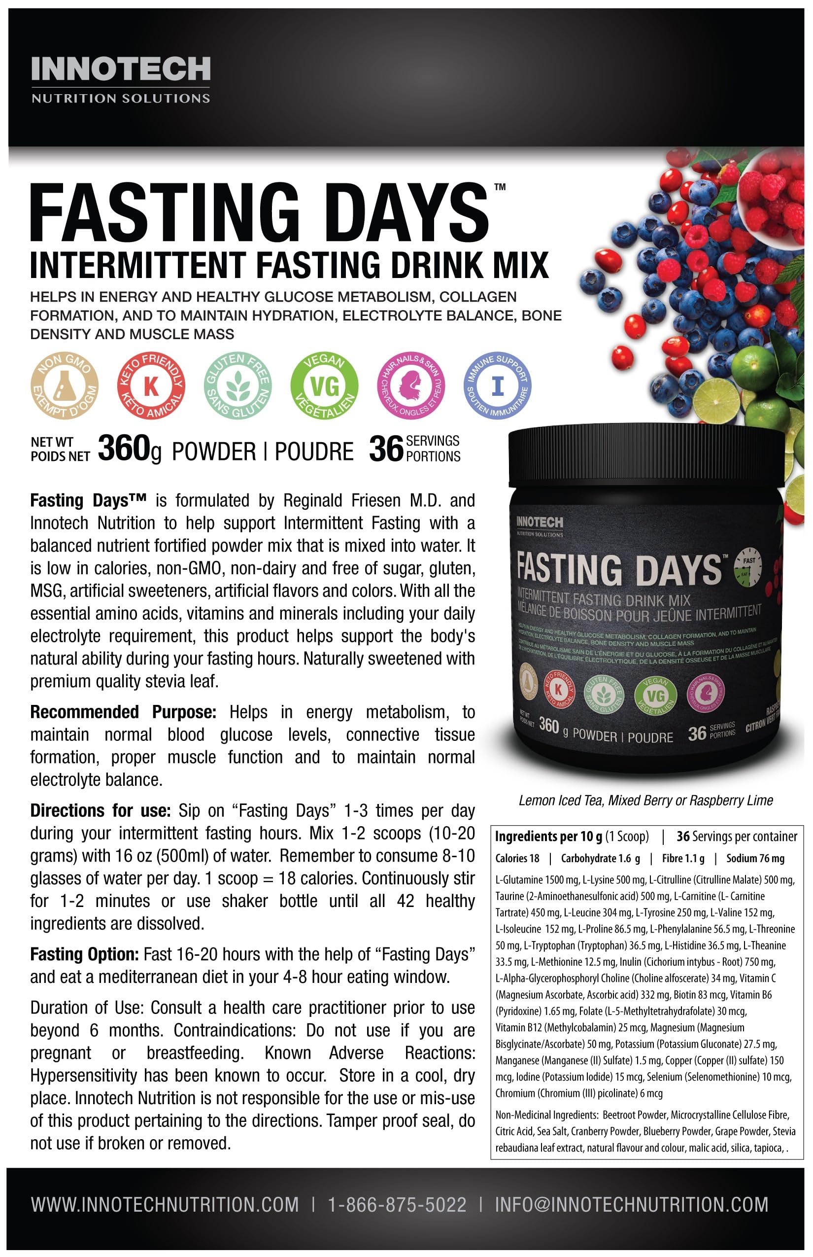 Close-up of Innotech Nutrition Fasting Days label showing a 42-ingredient blend