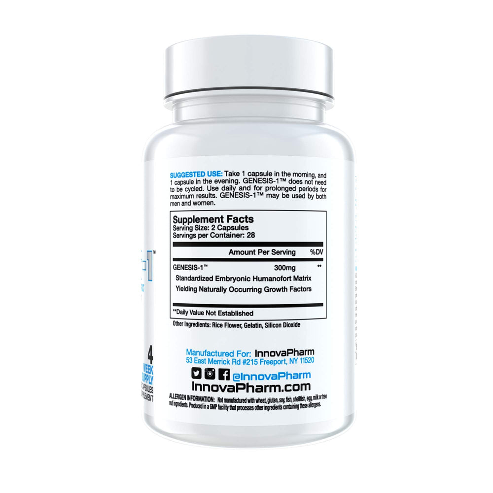 InnovaPharm GENESIS-1 capsules close-up emphasizes potency and easy dosing.