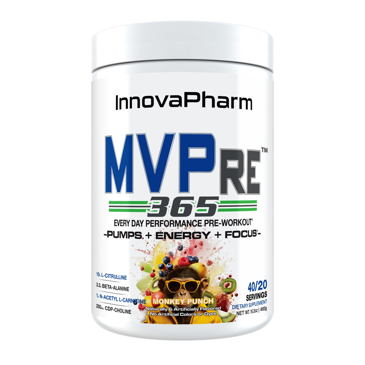 InnovaPharm MVPRE 365 Monkey Punch bottle showing energy-boosting formula for workouts