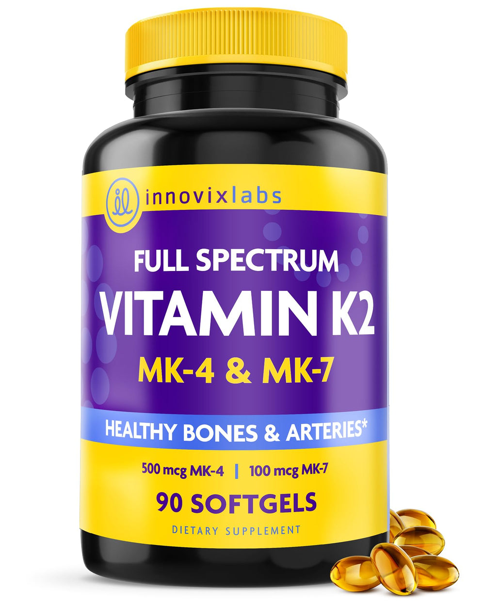 InnovixLabs full spectrum K2 softgels bottle with easy-to-swallow capsules for daily support