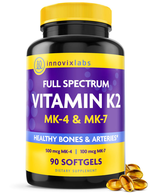 InnovixLabs full spectrum K2 softgels bottle with easy-to-swallow capsules for daily support