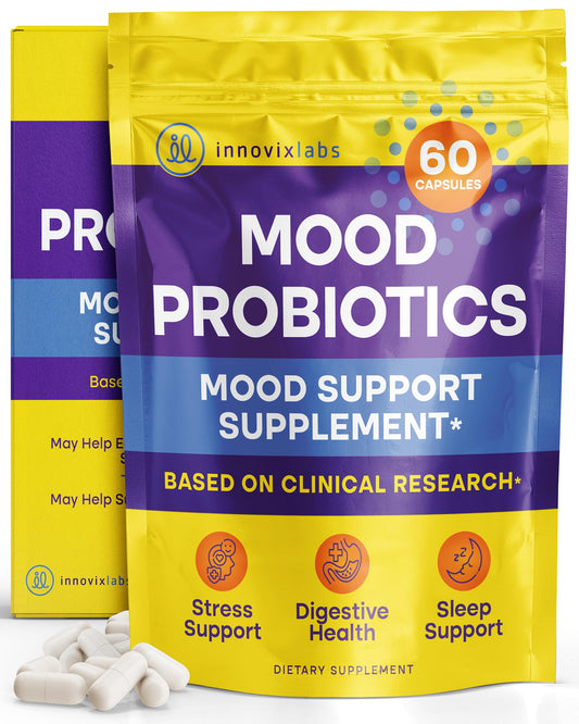 InnovixLabs Mood Probiotic bottle on white background supports daily digestive and mood wellness.