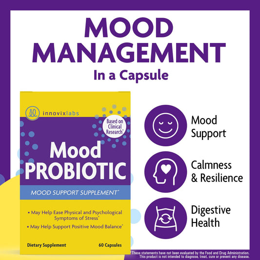 InnovixLabs Mood Probiotic capsules shown up close for easy daily dosing.