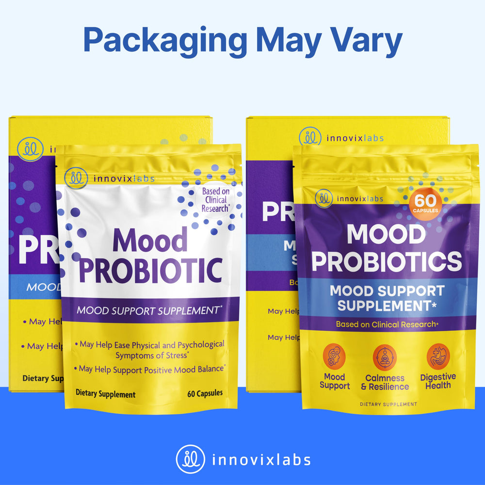 InnovixLabs Mood Probiotic daily routine scene with bottle and water