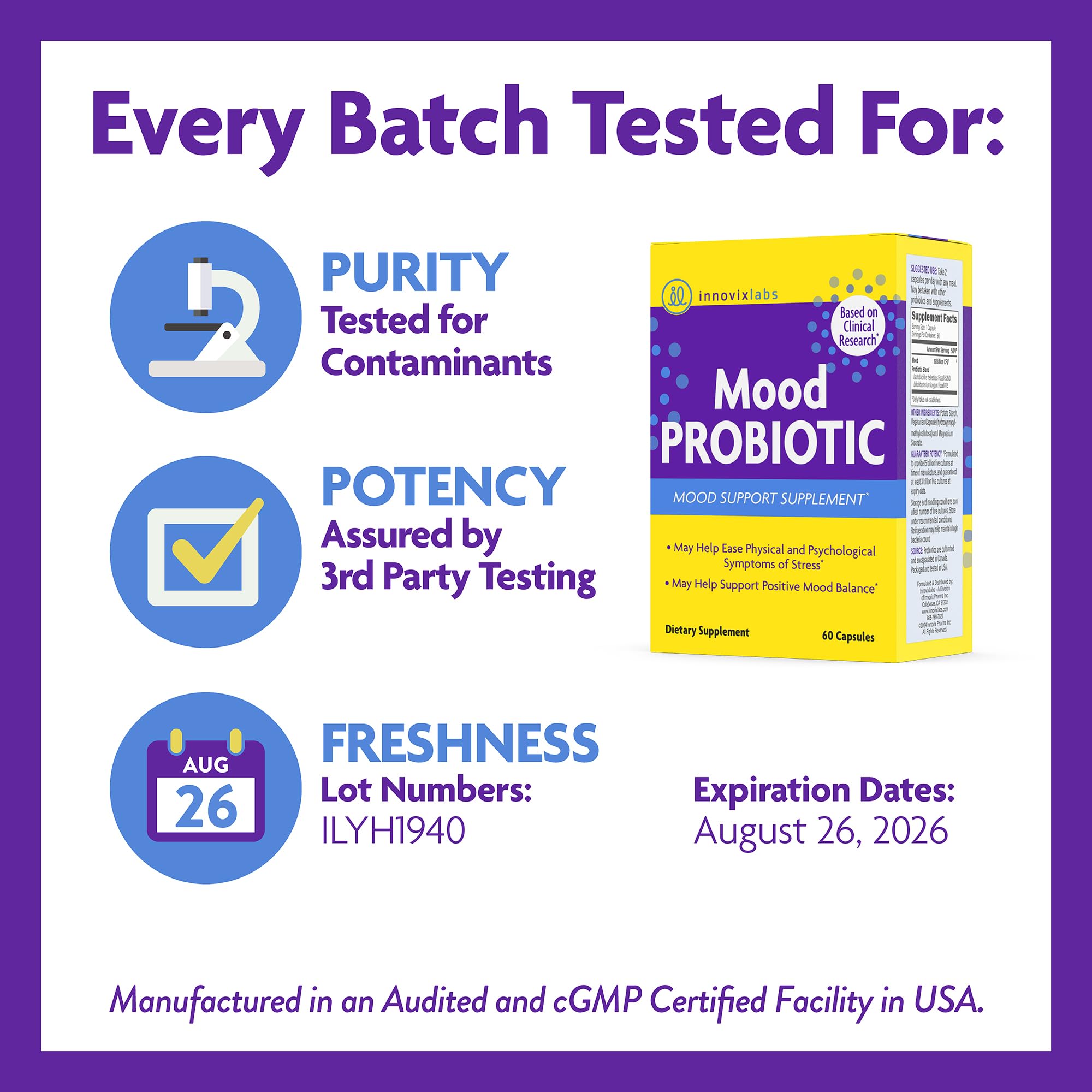 InnovixLabs Mood Probiotic purity seal indicating third-party testing.