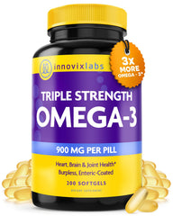 InnovixLabs triple-strength omega-3 bottle with burpless softgels for daily use