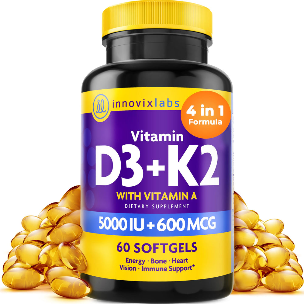 InnovixLabs Vitamin D3 K2 bottle shows 5000 IU D3 and K2 for bone support