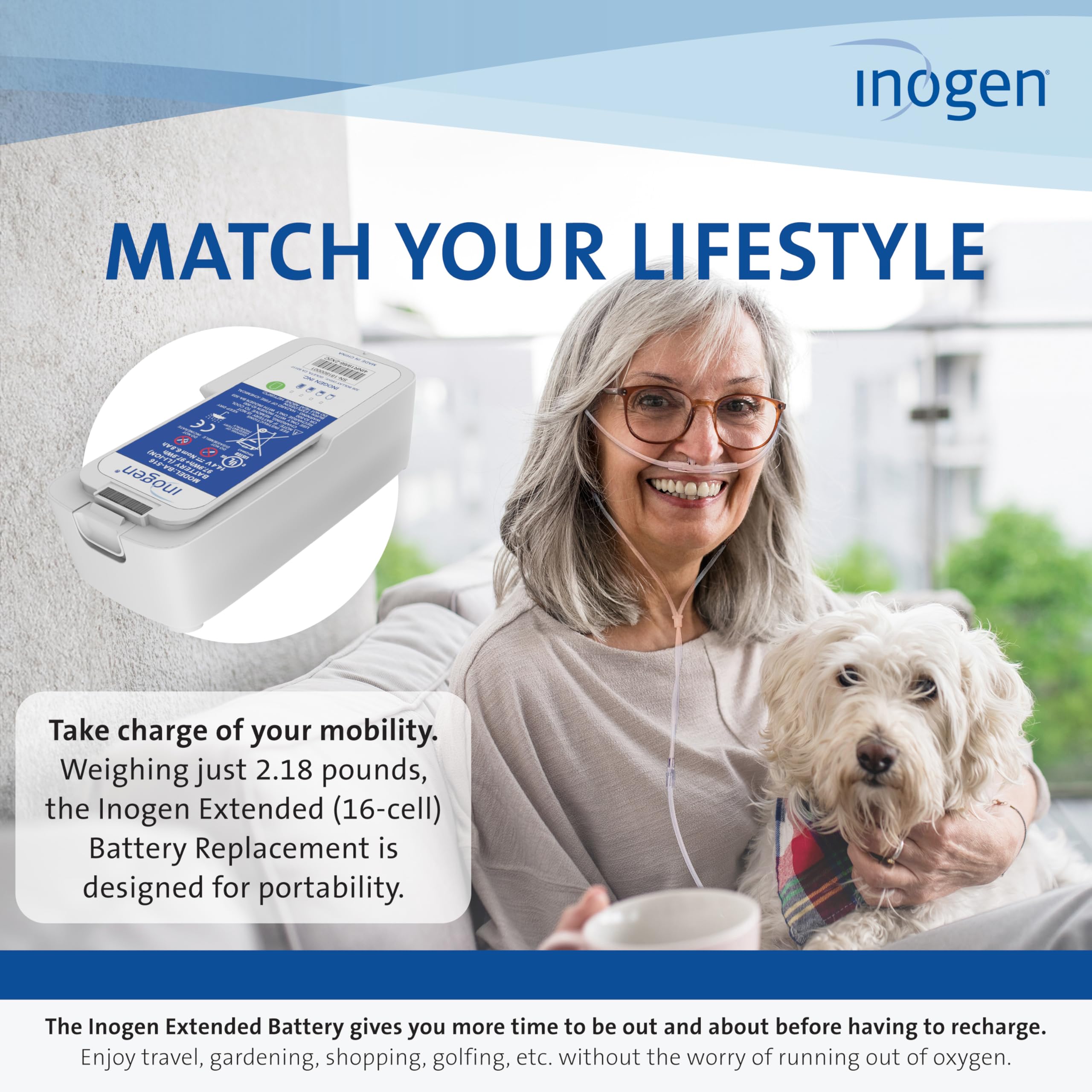 Inogen Extended 16-cell battery is compatible with Inogen One G5 and Rove 6