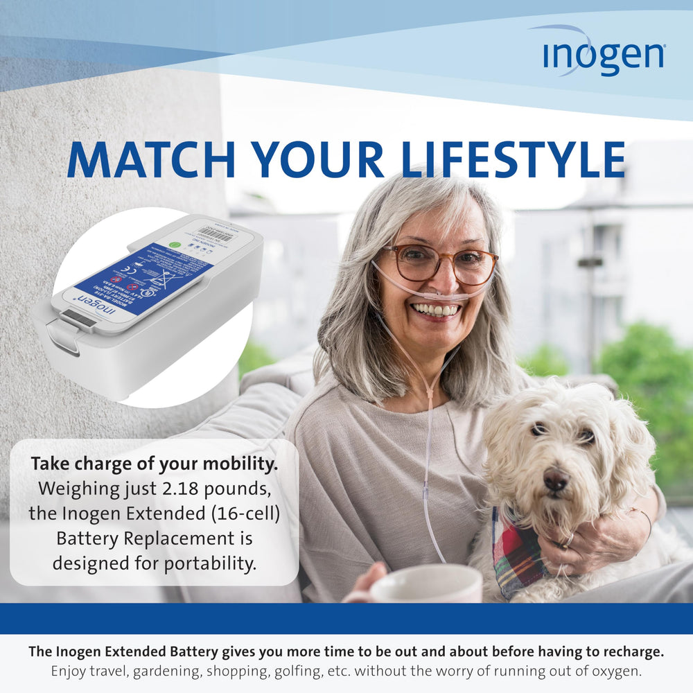 Inogen Extended 16-cell battery is compatible with Inogen One G5 and Rove 6