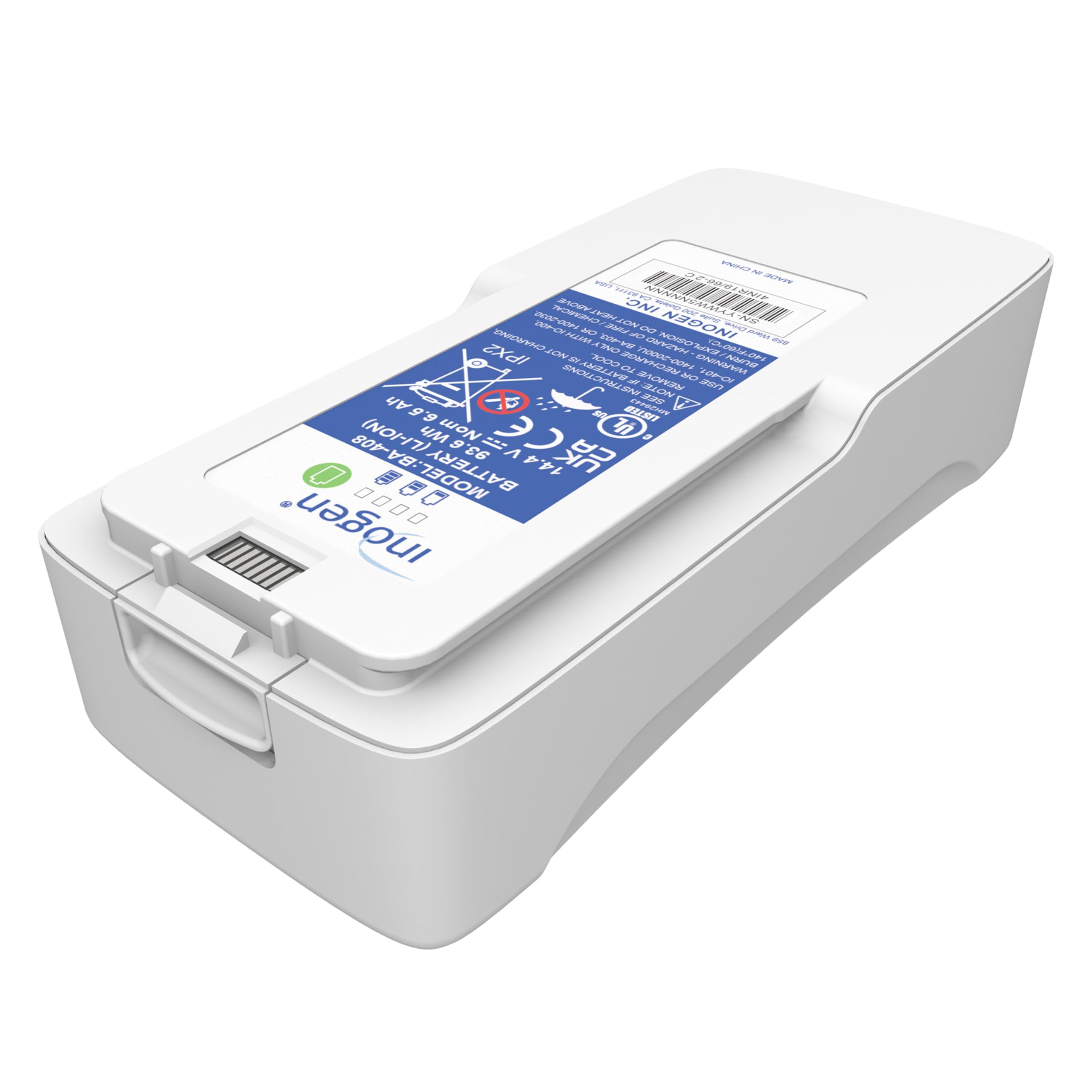 Inogen Extended battery—front view highlighting compact, portable power for on-the-go use.