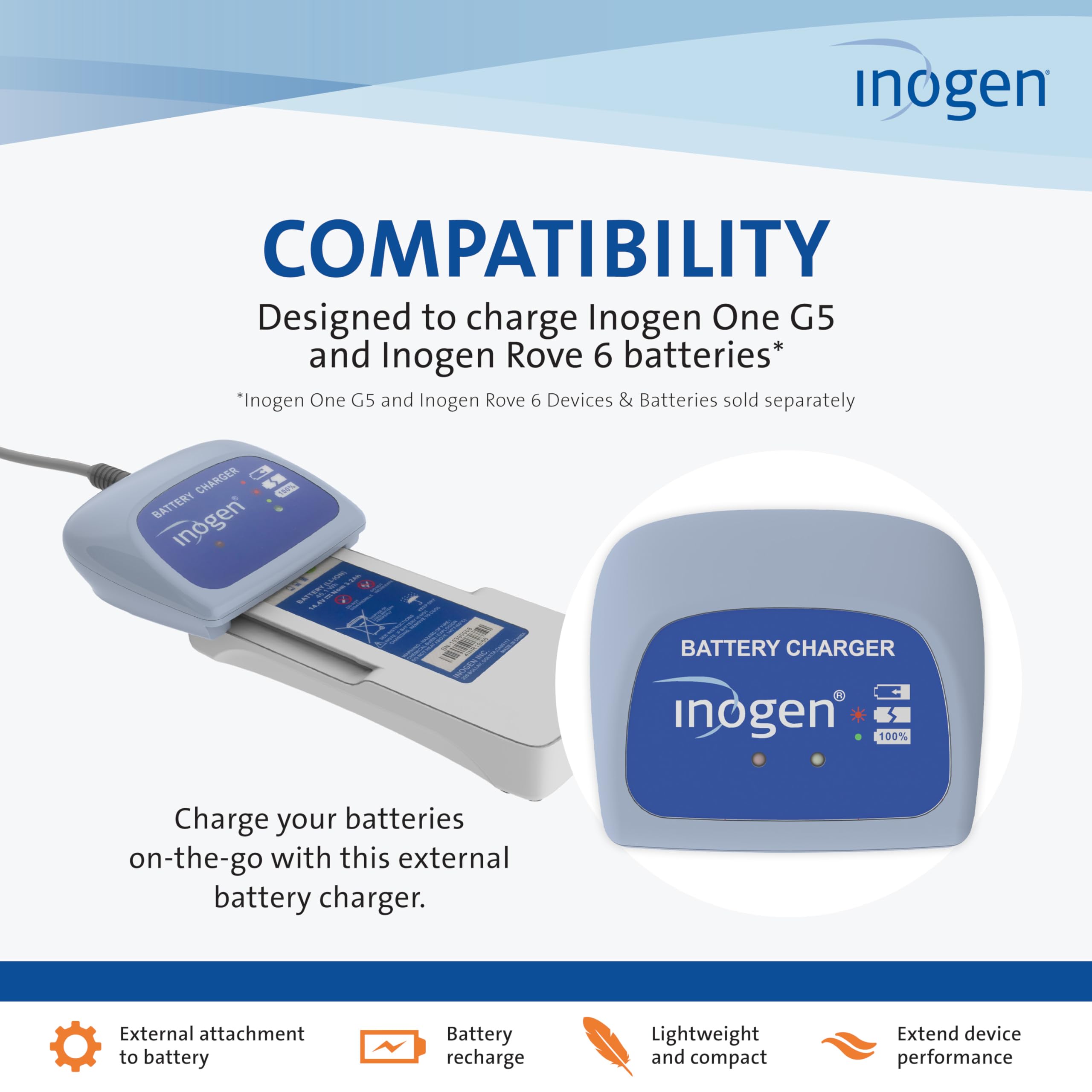 Two batteries charging simultaneously with the Inogen external charger.