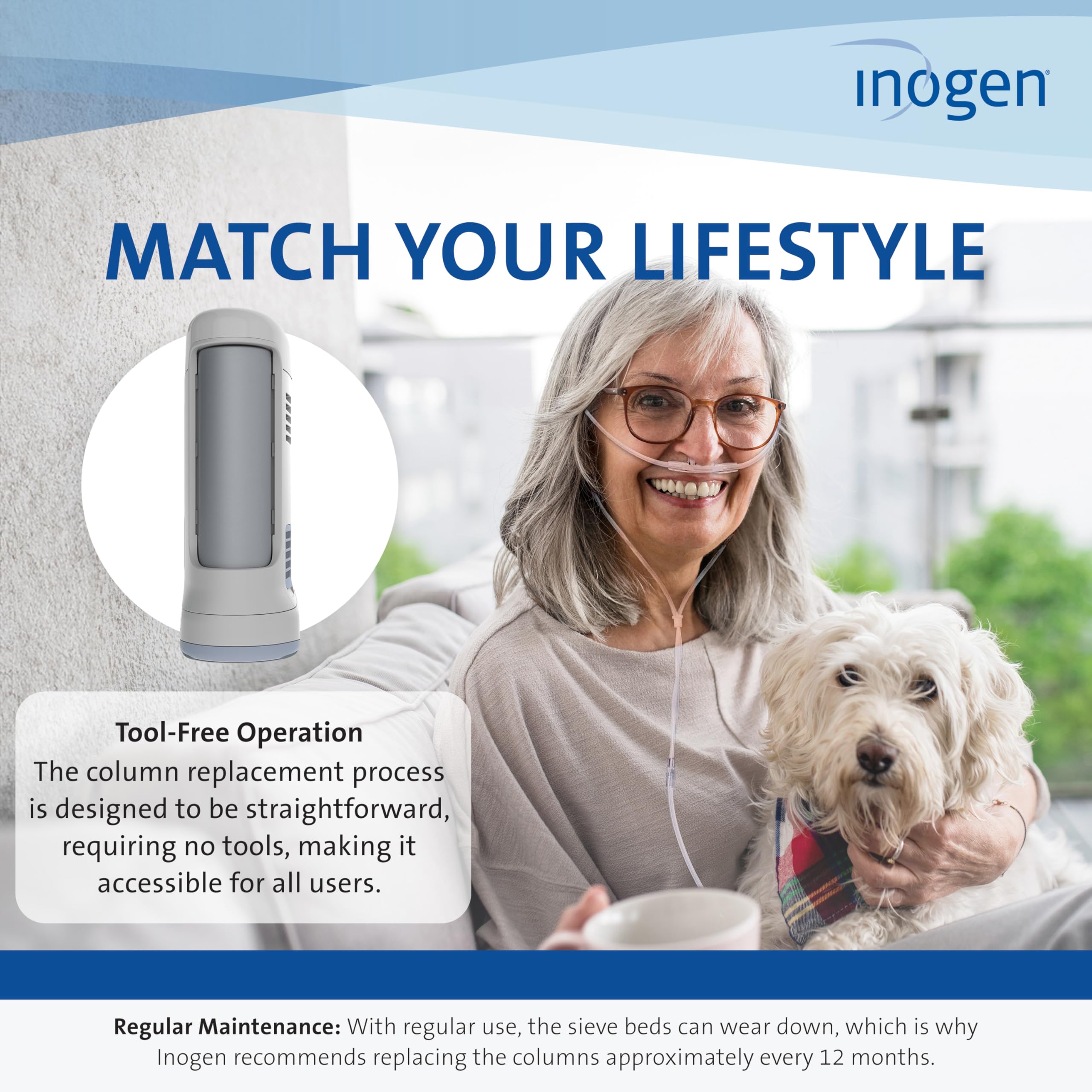 Clear-step visuals of tool-free installation on the Inogen G3 system.