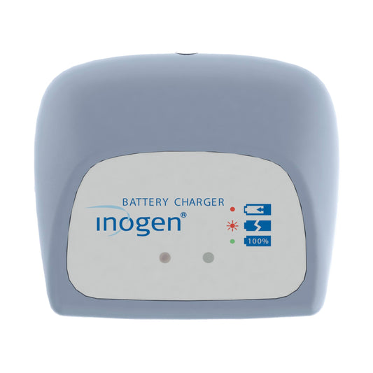 Inogen One G3 external charger front view recharging both battery types.