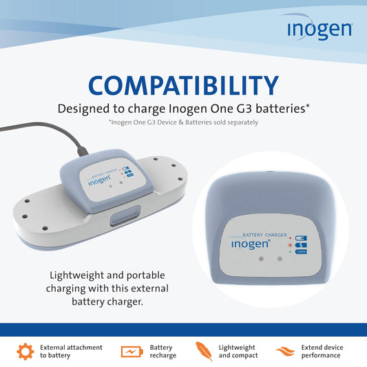 Inogen One G3 charger side view showing compact portable design.