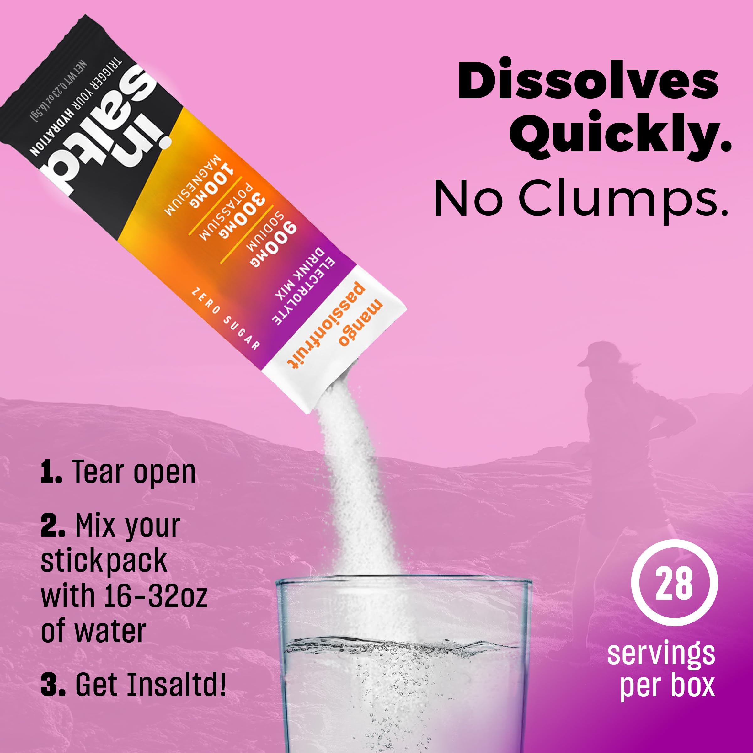 INSALTD Quick-dissolve electrolyte packets shown dissolving in water