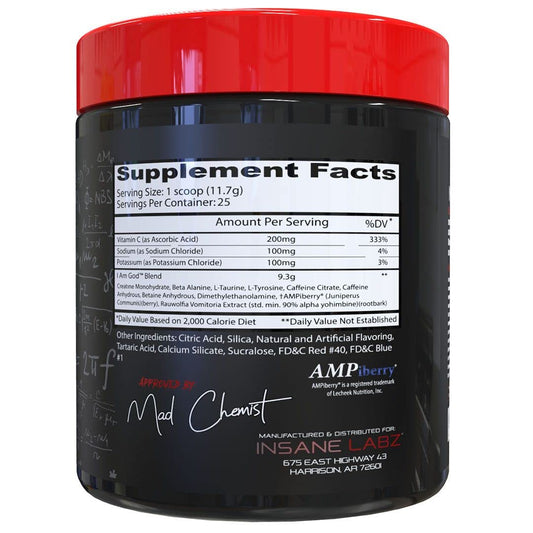 Insane Labz I Am God Fruit Punch flavor label emphasizes focus and stamina for training sessions.