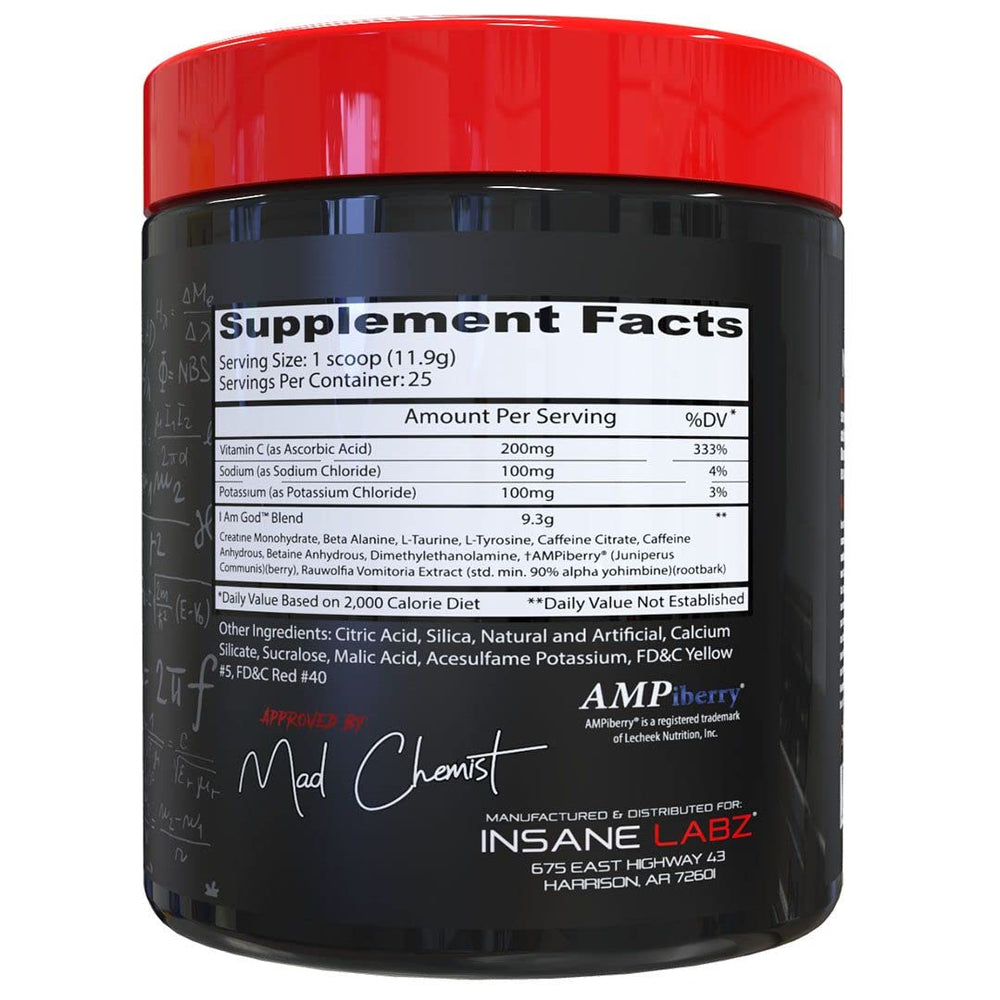 I Am God pre-workout label close-up highlighting key ingredients.