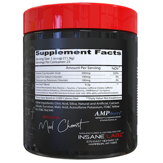 Insane Labz I Am God pre-workout scoop, ideal for fast mix and endurance support