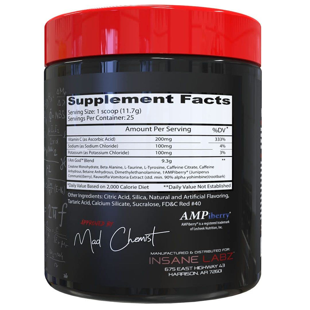 Insane Labz I am God pre workout scoop dispensing for fast dose access.