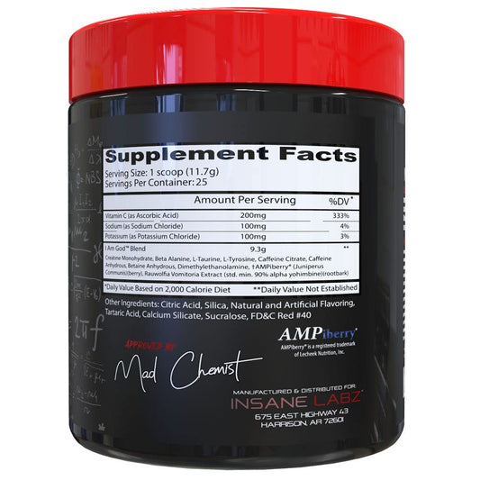 Insane Labz I am God pre workout scoop dispensing for fast dose access.