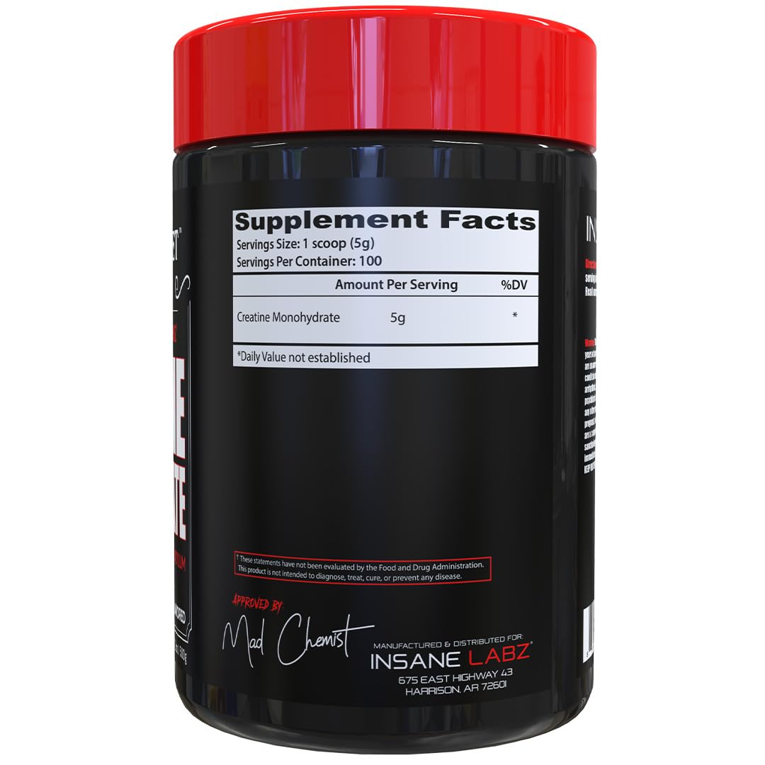 Insane Labz Creatine Monohydrate label on container for dose tracking and quality.