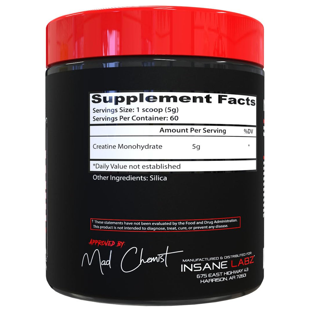 Insane Labz Insane Creatine Monohydrate scoop measures servings for strength-focused workouts.