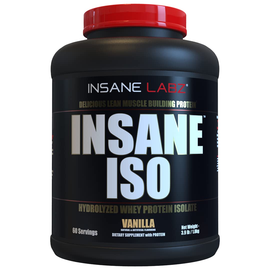 Insane Labz Insane ISO Whey Vanilla powder can showing macro-friendly formula