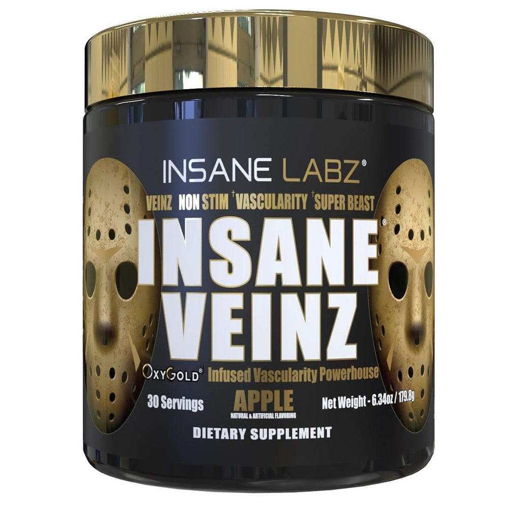 Insane Labz Veinz Gold bottle close-up, non-stimulant pre-workout for vascular pumps.