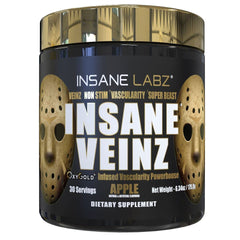 Insane Labz Veinz Gold bottle close-up, non-stimulant pre-workout for vascular pumps.