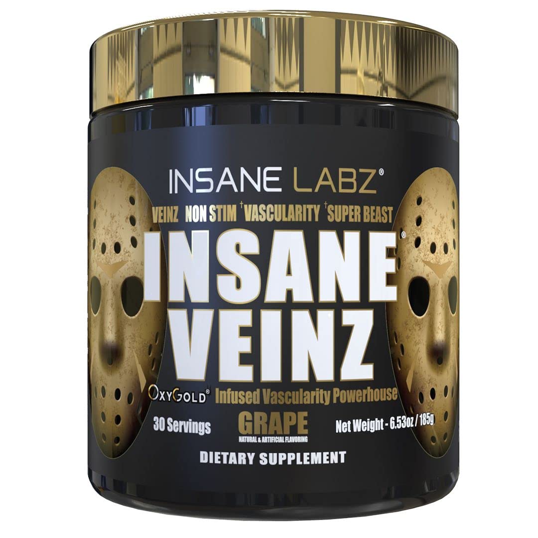 Insane Labz Veinz Gold bottle pour showing enhanced vascularity for workouts.