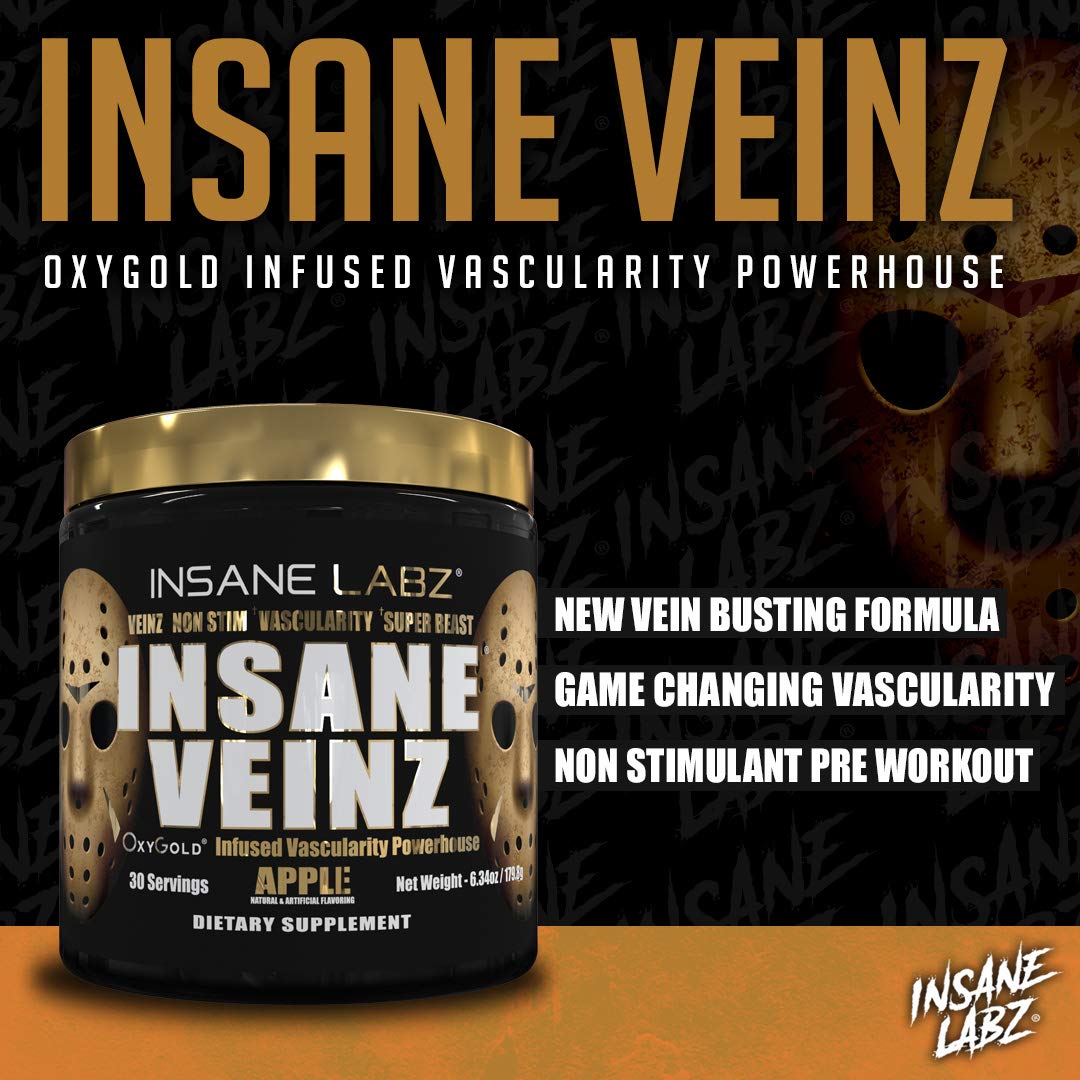 Insane Veinz Gold gym bottle on bench, non-stimulant pump aid.